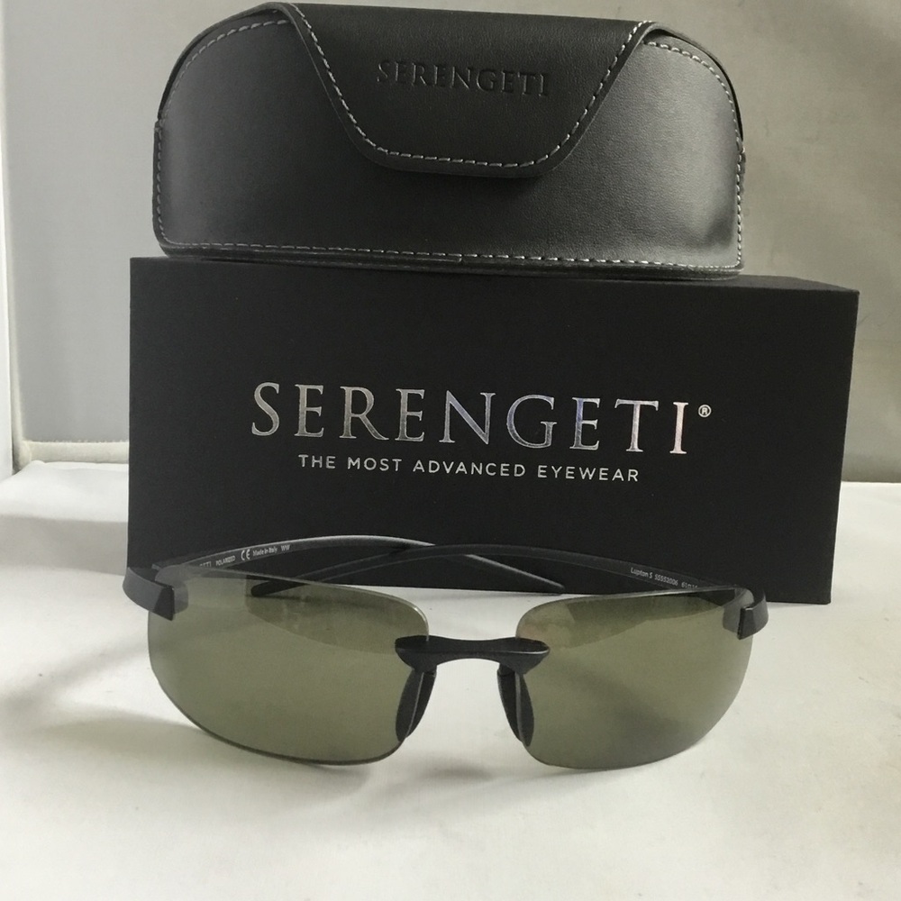 Serengeti Lupton Rimless Sunglasses with Olive Polarized Lens.